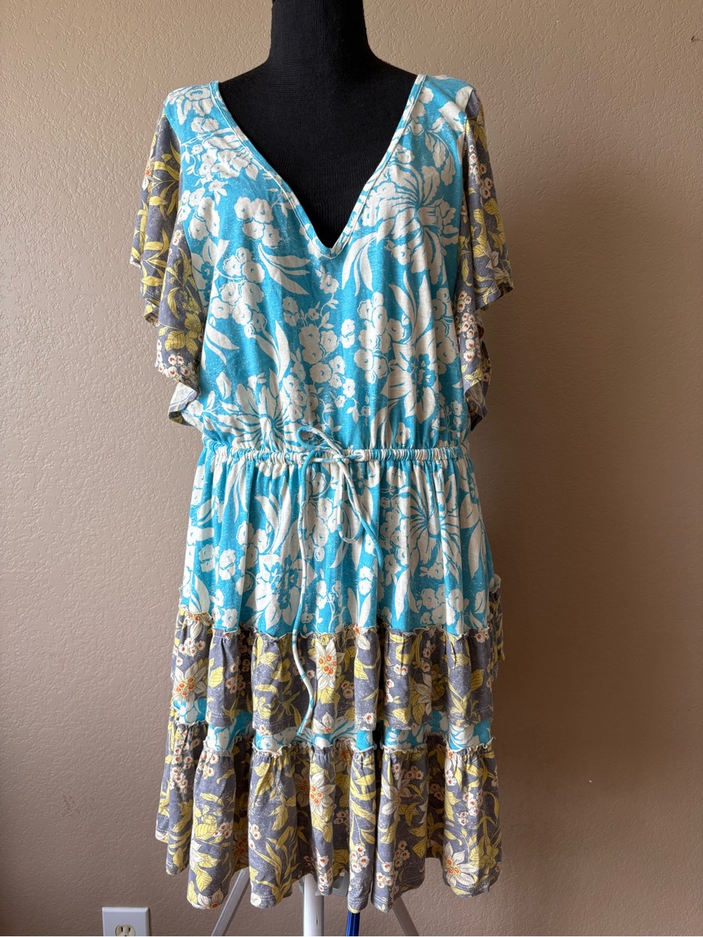 ANTHROPOLOGIE Daily Practice Tiered Ruffle Mini Dress Floral M open back boho